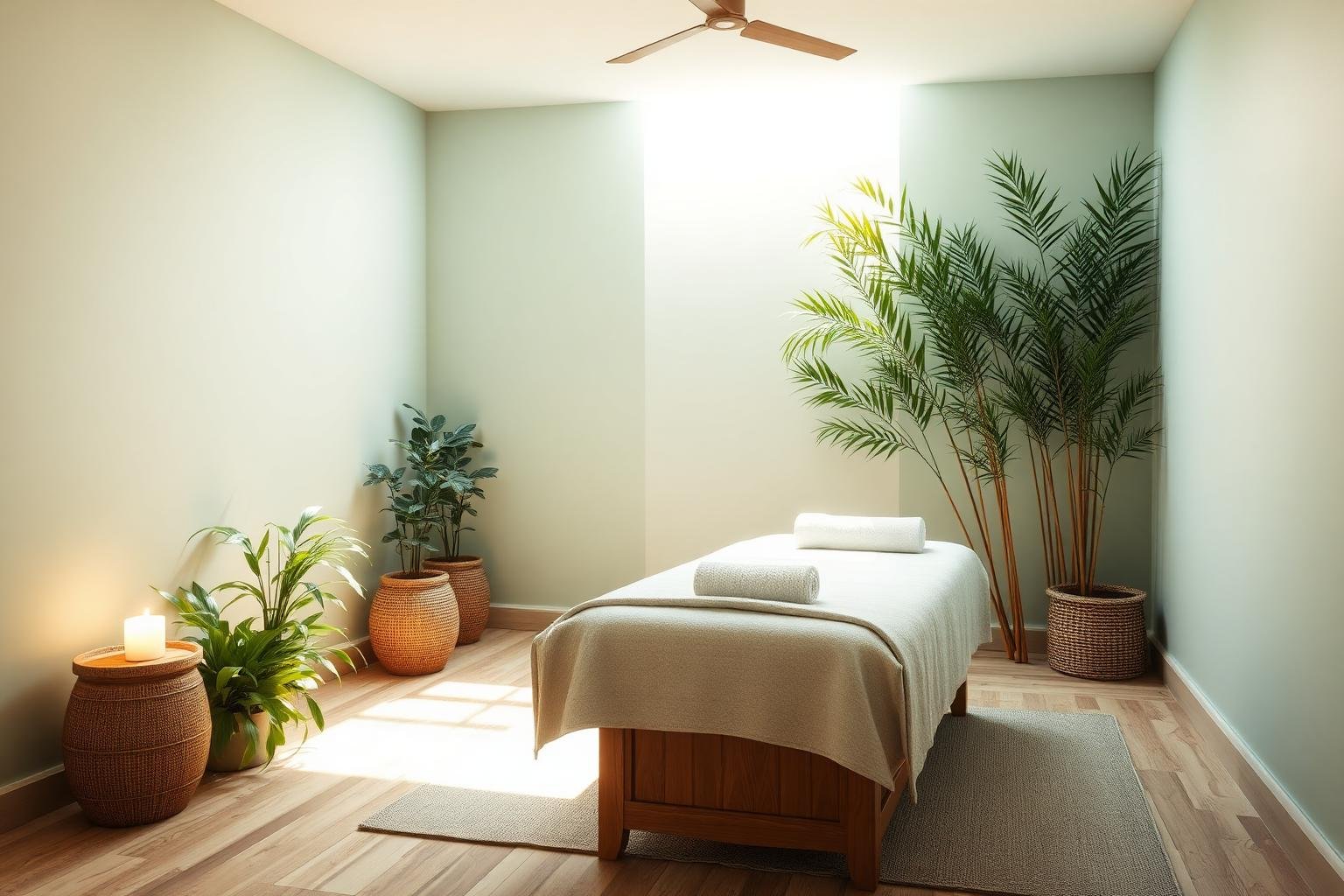 Sala de massagem serena com plantas e maca